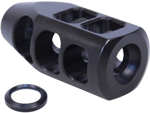 Black metal muzzle brake with side ports and washer