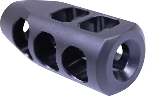 Black metal muzzle brake with multiple ports