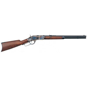 Lever-action rifle with wooden stock on white