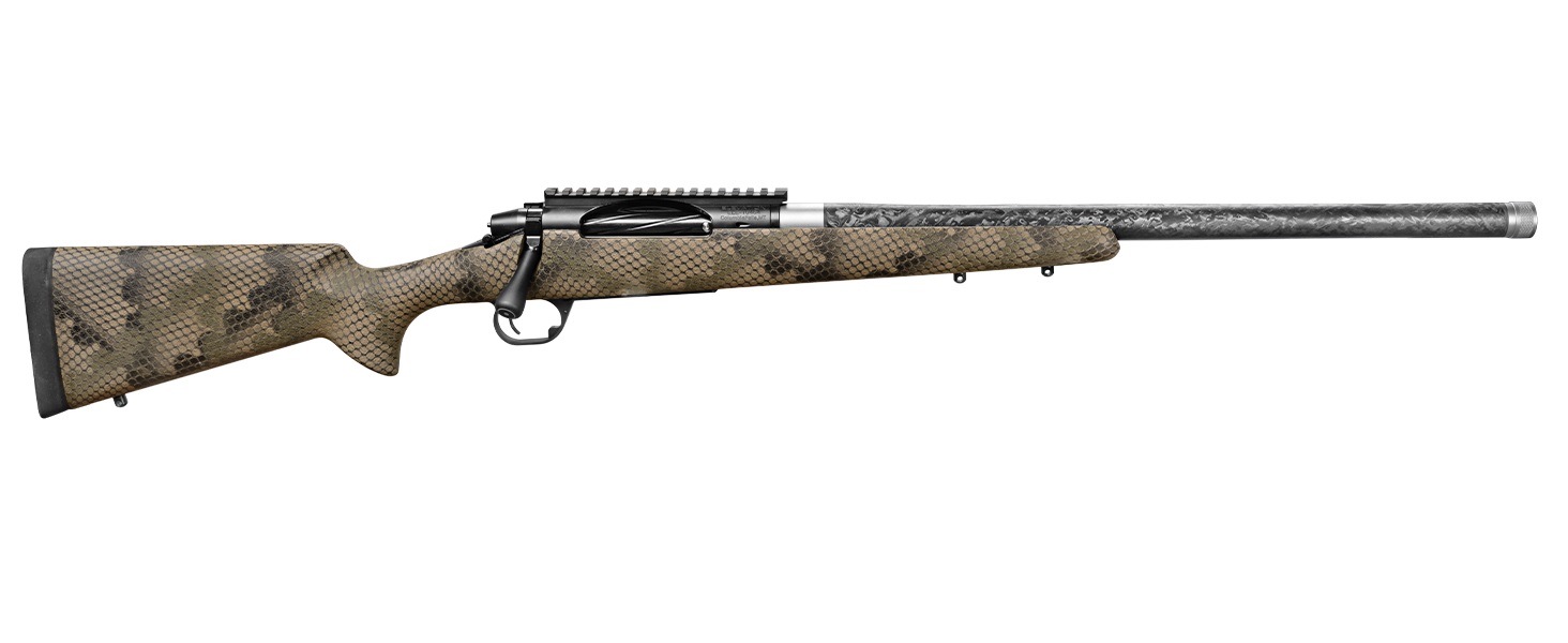Camouflage bolt-action rifle with carbon fiber barrel