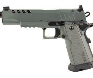 Green semi-automatic pistol with extended magazine