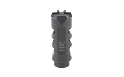 Black metal muzzle brake on white background