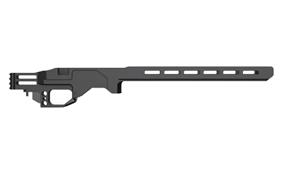 Black tactical rifle chassis frame on white background
