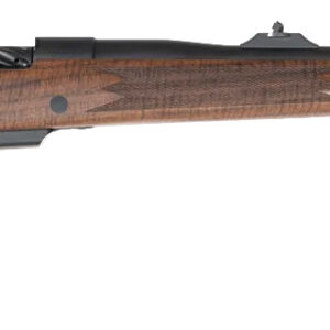 Wood-stock bolt-action rifle on white background