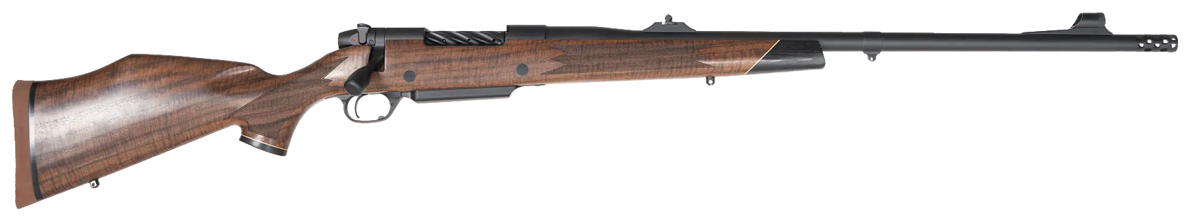 Wood-stock bolt-action rifle on white background