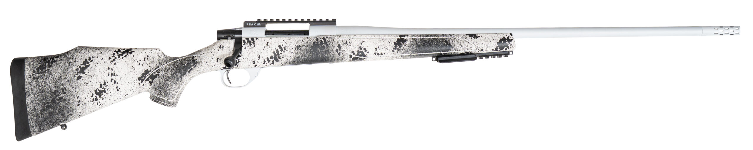 Bolt-action rifle with white camo stock