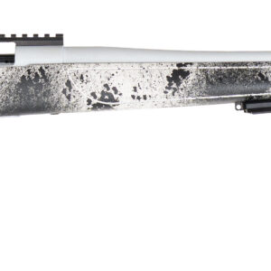 Bolt-action rifle with white speckled camo stock
