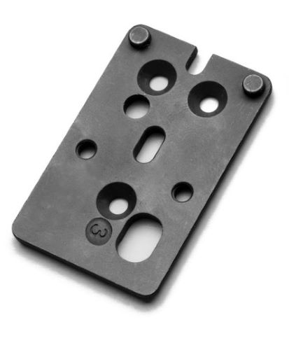 Black metal mounting plate with holes and slots