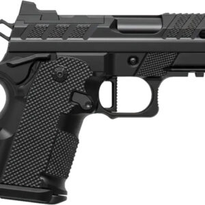 Black semi-automatic handgun on white background