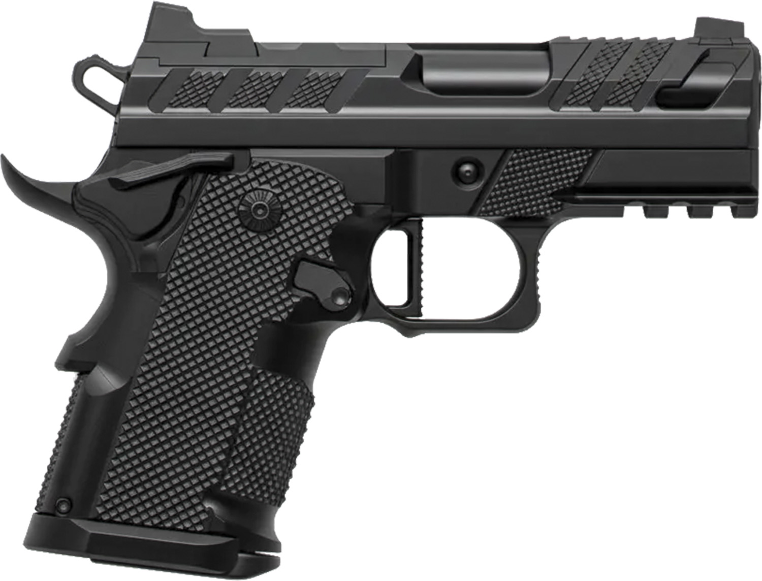 Black semi-automatic handgun on white background
