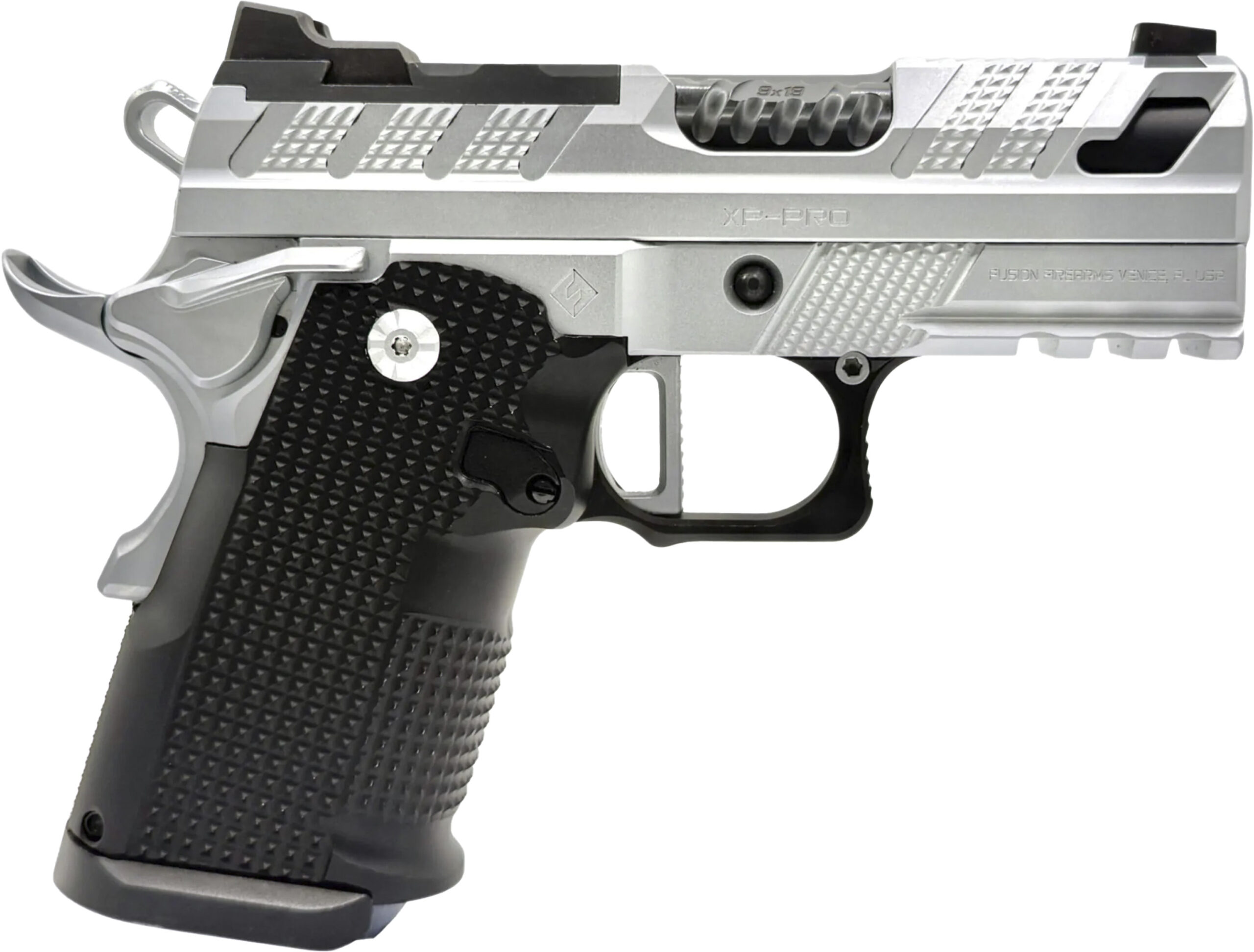 Silver and black semi-automatic pistol close-up