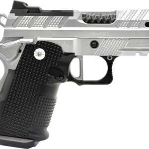 Silver and black semi-automatic handgun close-up