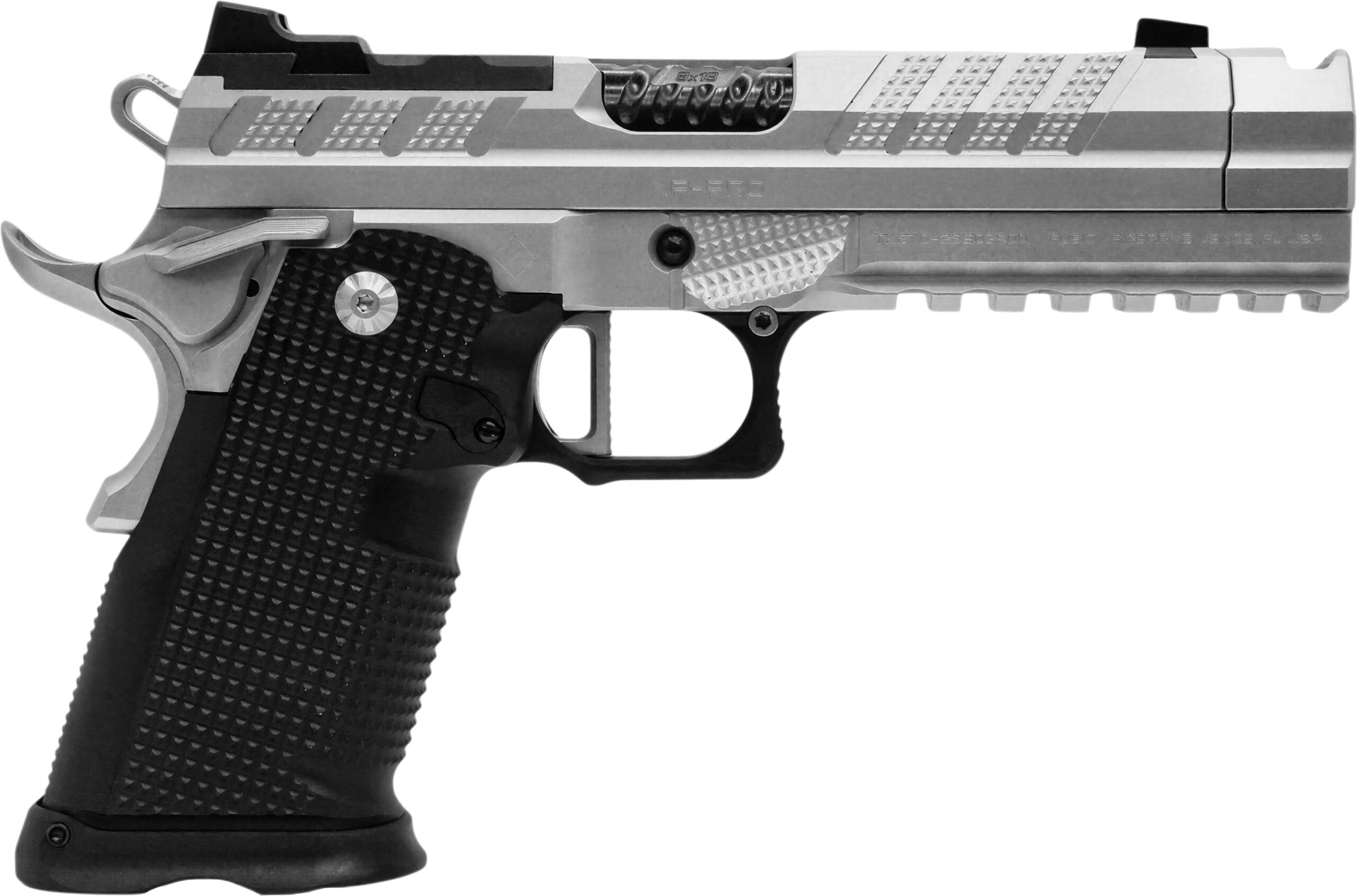 Silver and black semi-automatic handgun side view