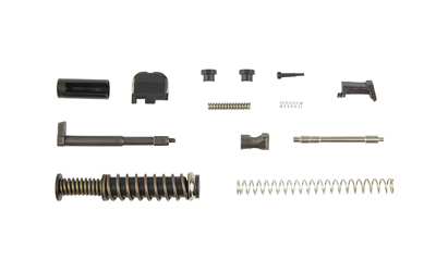 Disassembled firearm components on white background