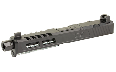 Handgun slide assembly with barrel and sights