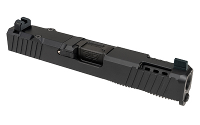 Black semi-automatic pistol slide on white background