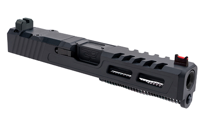 Black pistol slide with red front sight