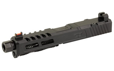 Black semi-automatic pistol slide and barrel assembly