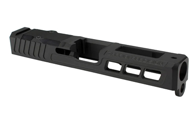 Black semi-automatic pistol slide with cutouts