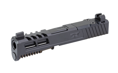 Black semi-automatic pistol slide with barrel