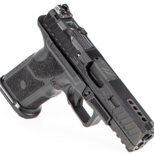 Black semi-automatic handgun on white background