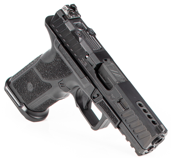 Black semi-automatic handgun on white background