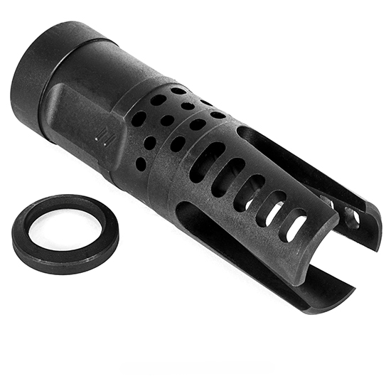 Black metal muzzle brake with washer ring