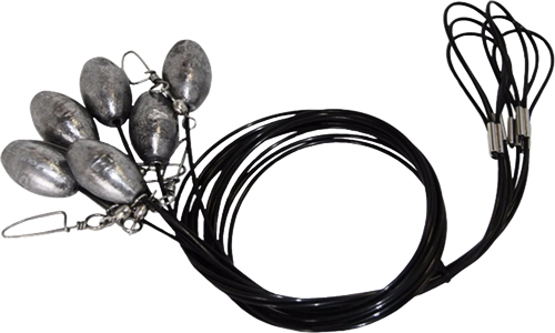 Fishing sinkers attached to black wire leaders