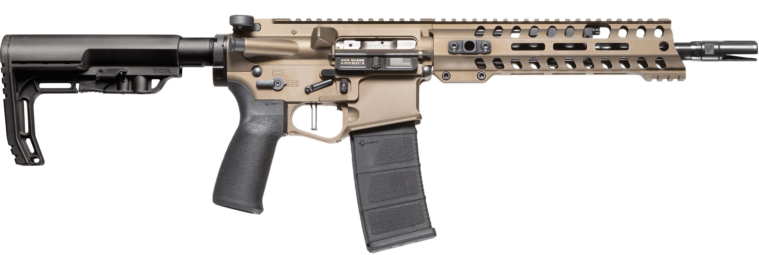 Tan and black AR-15 style rifle