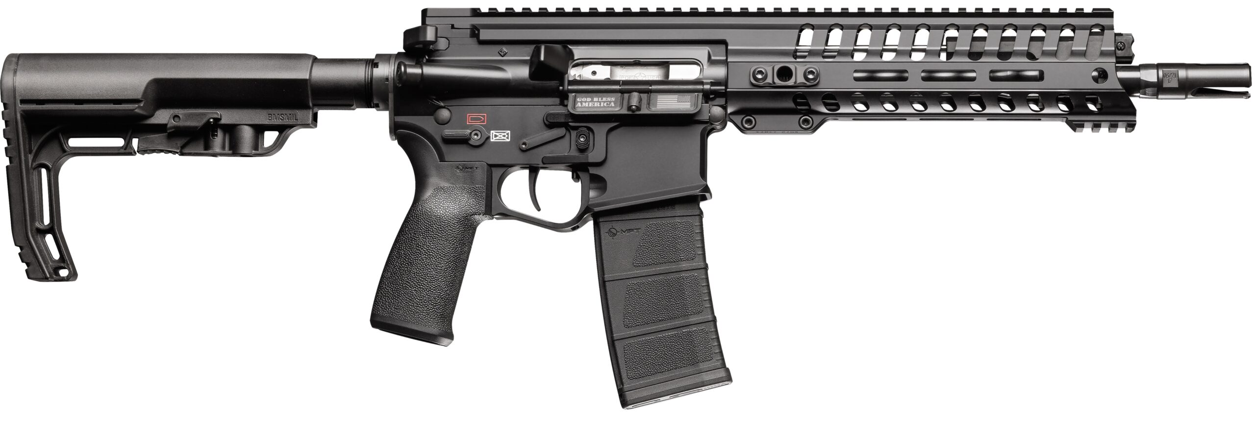 Black AR-15 style semi-automatic rifle on white