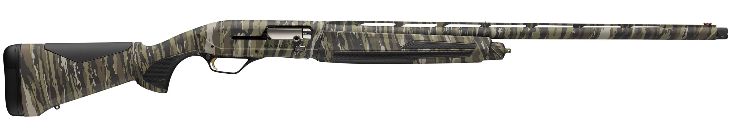 Camouflage semi-automatic shotgun on white background