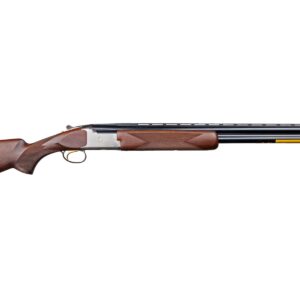 Double-barrel shotgun with wooden stock on white background