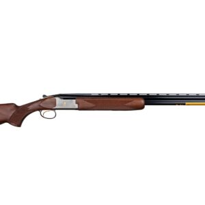 Over-under shotgun with wooden stock on white background