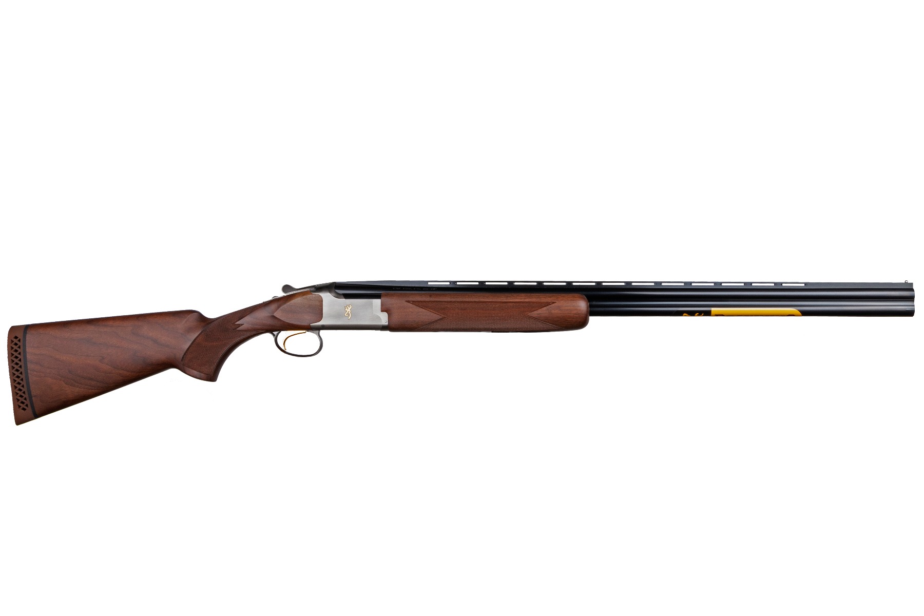 Over-under shotgun with wooden stock and black barrels