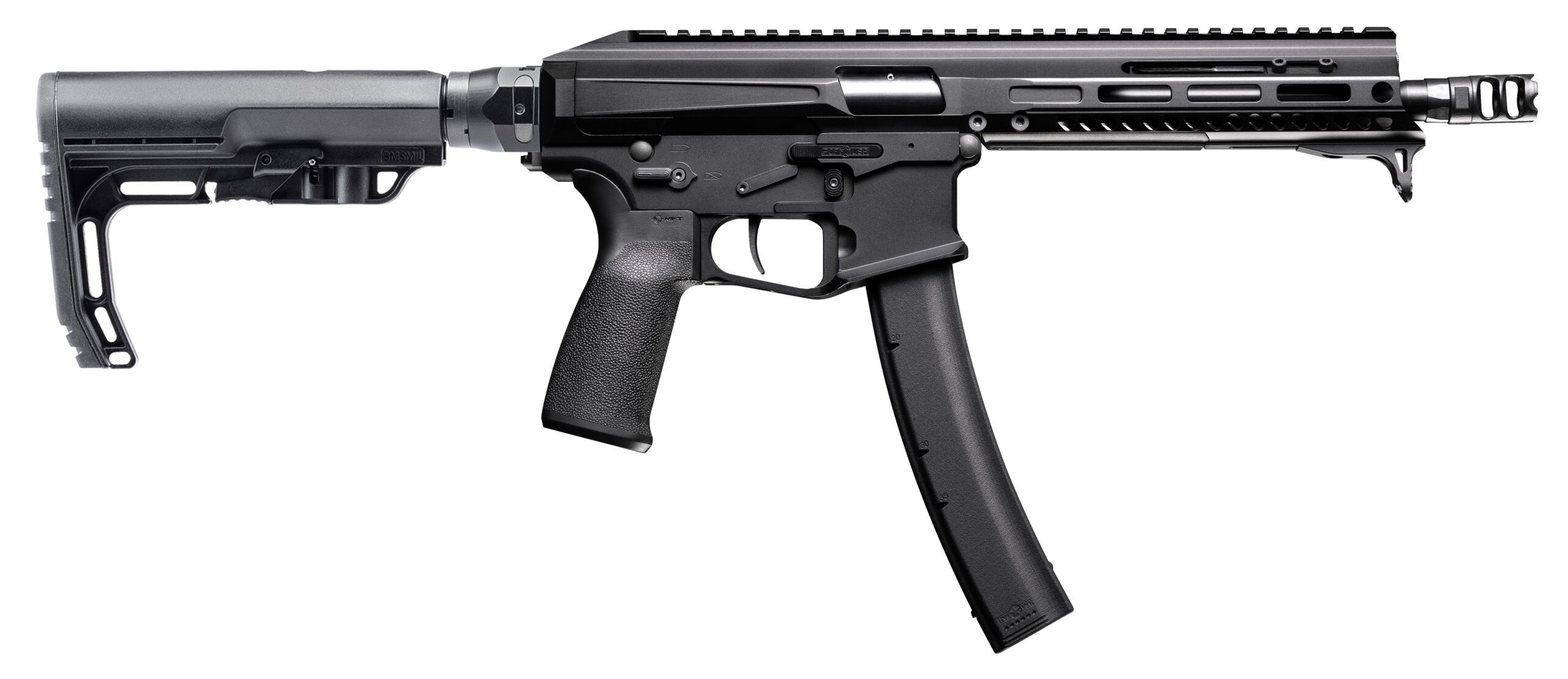 Black semi-automatic rifle with extended magazine