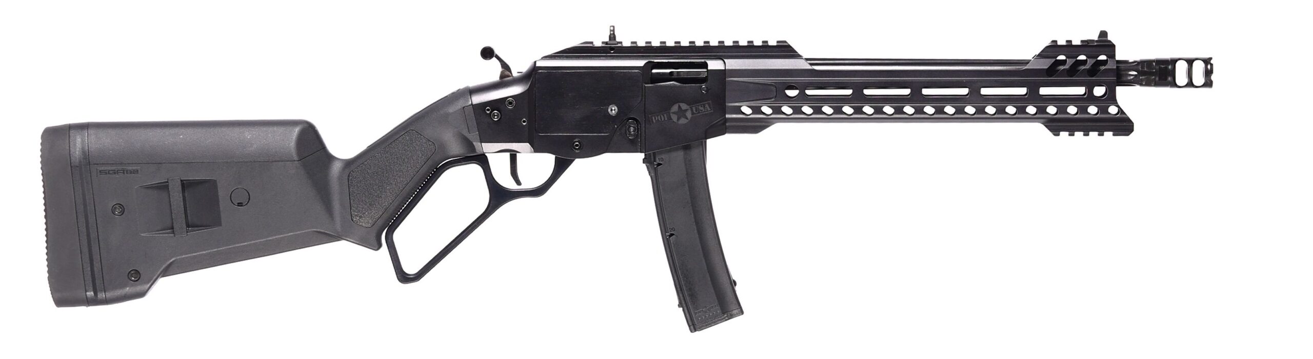 Black semi-automatic rifle with detachable magazine