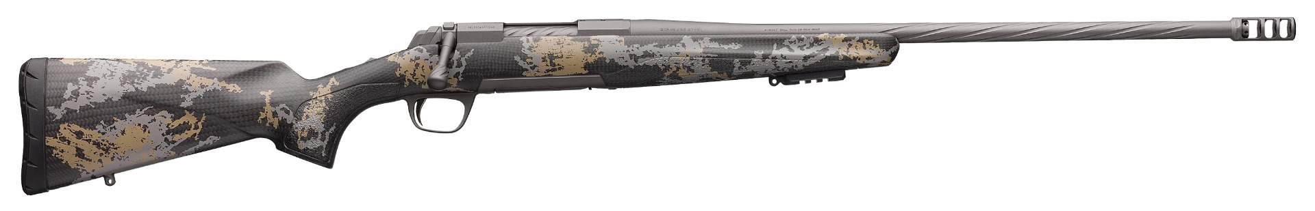 Camouflage bolt-action rifle with fluted barrel
