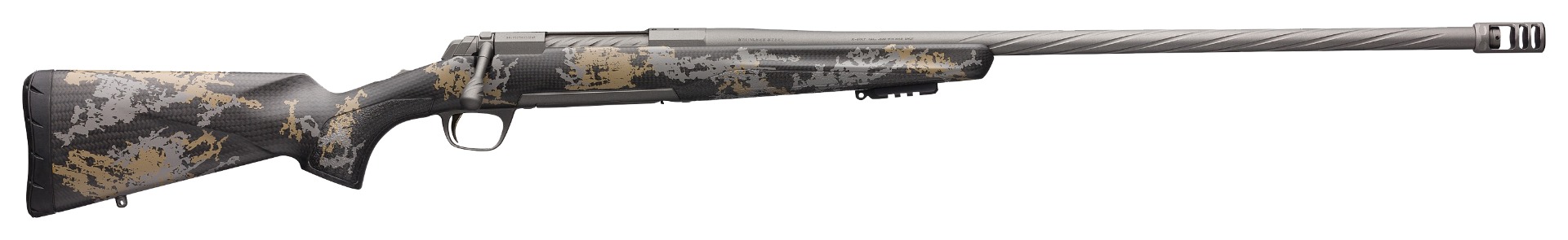 Camouflage bolt-action rifle with fluted barrel