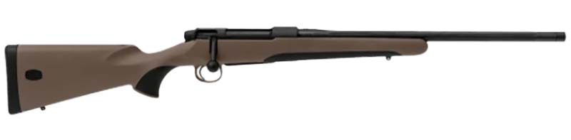 Bolt-action rifle with brown stock on white