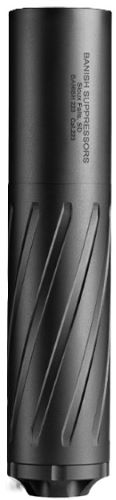 Black cylindrical rifle suppressor on white background