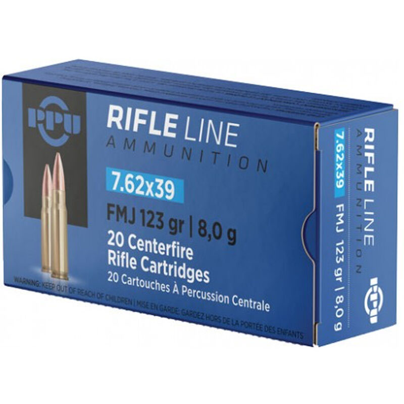 Box of 7.62x39 rifle ammunition cartridges