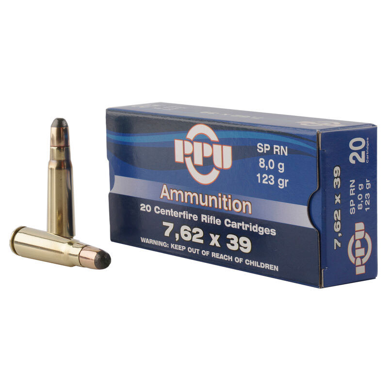 Box of 7.62x39 rifle ammunition and cartridges