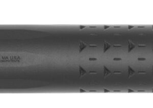 Black firearm suppressor with textured grip