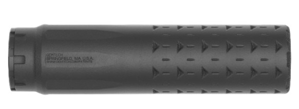 Black firearm suppressor with textured grip