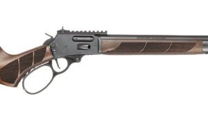 Lever-action rifle with wooden stock on white background