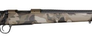 Camouflaged bolt-action rifle on white background