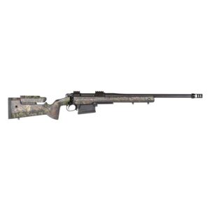 Camouflage bolt-action rifle with long barrel