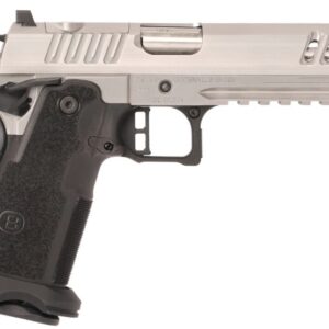 Stainless steel semi-automatic pistol with black grip