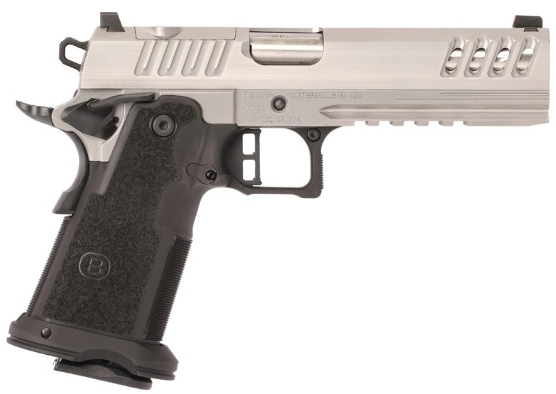Stainless steel semi-automatic pistol with black grip