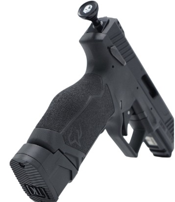 Black semi-automatic pistol with mounted optic